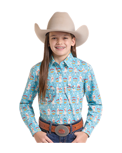 *Girls LS Print Snap Shirt - Turq - LGN2S09912