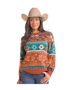 *Womens Aztec Striped Sweater - Rust - LW32T09683